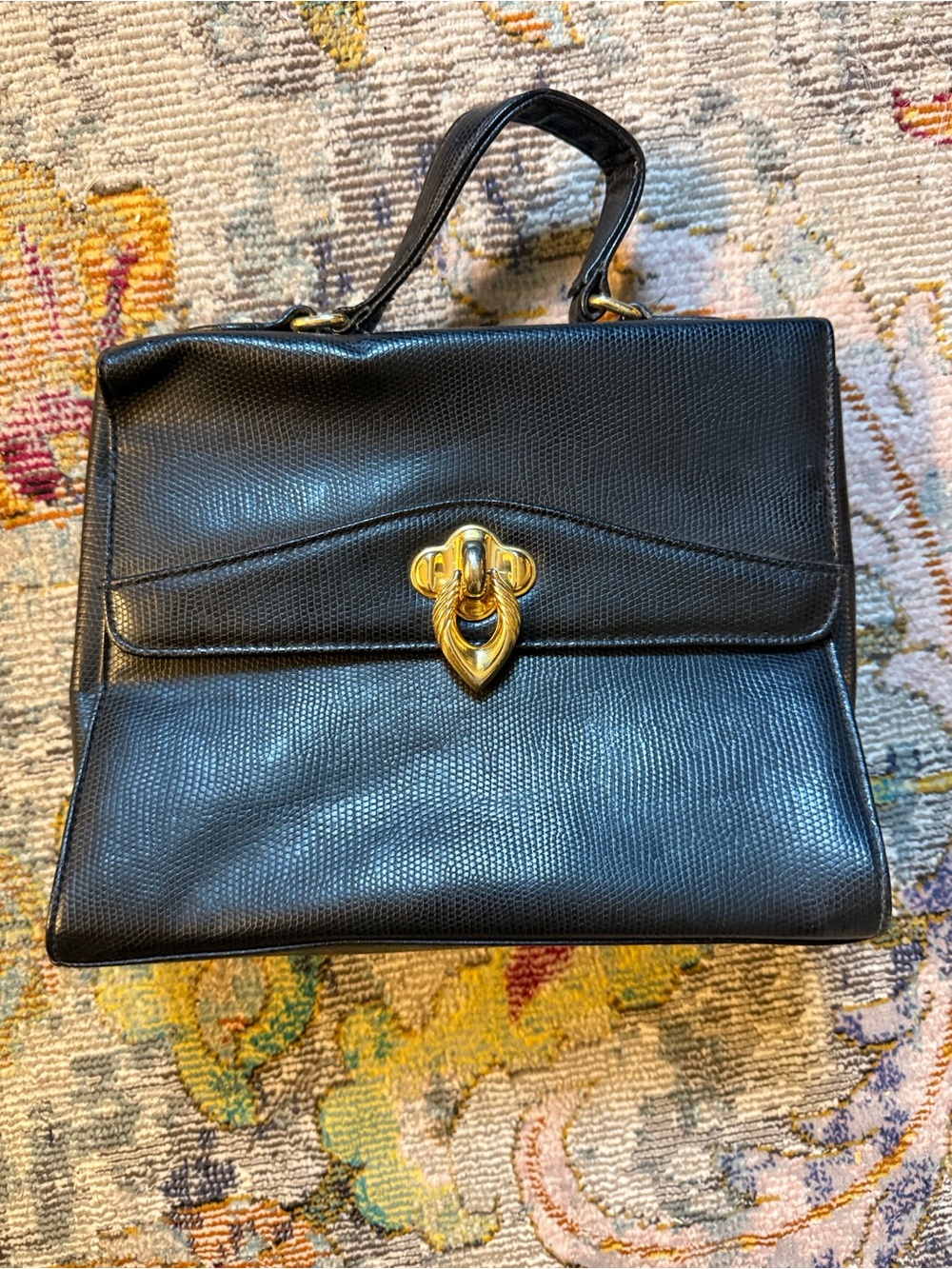 Vintage Evan Picone Black Top-Handle Women's Leather Satchel with Gold Hardware